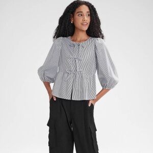 A New Day Ballon Sleeve Tie-Front Blouse